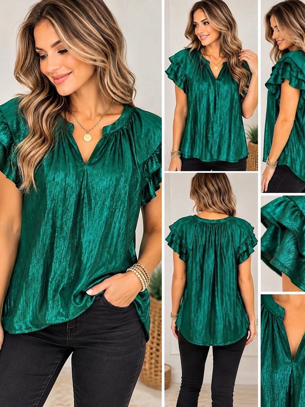 Nanette Lepore Metallic Ruffle Sleeve Blouse Green Medium